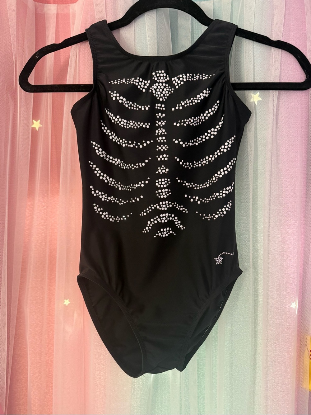 Black Kids leotard with Rhinestone Skeleton Detail